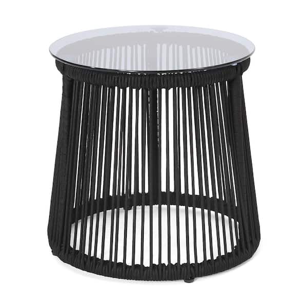 Avex Black Round Iron and Woven Rope 16.5 in. H Outdoor Tempered Glass Top Side Table