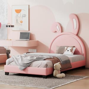 Pink Wood Frame Twin Size Upholstered Leather Platform Bed with Bunny Ears Headboard