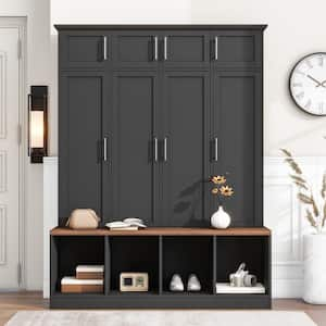 Black Multi-Functional Hall Tree Entryway Cabinet with 4-Hidden Hanging Hooks and Brown Wood Grain Bench