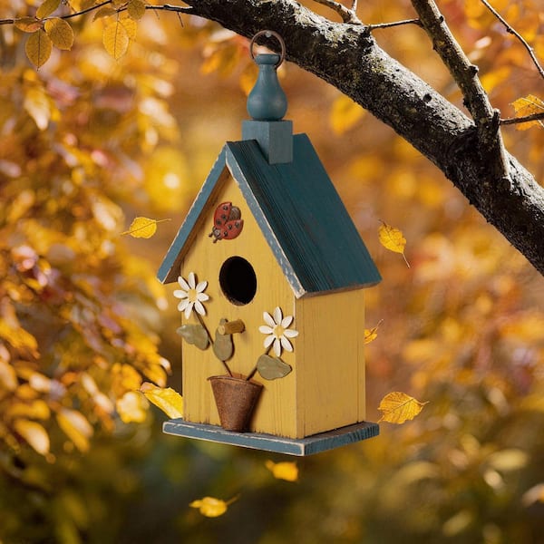Glitzhome 12.25 in. H Washed Yellow Distressed Solid Wood Cottage