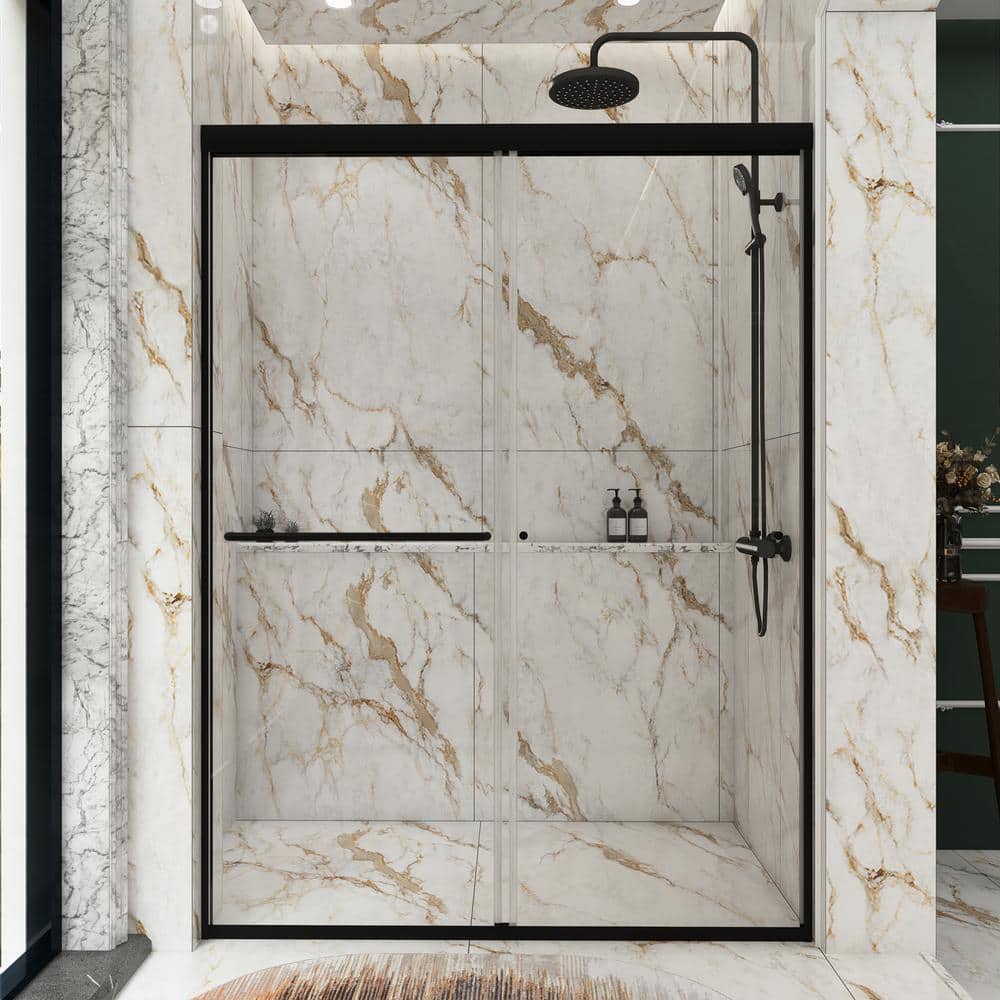 54 in. W x 72 in. H Sliding Semi-Frameless Shower Door in Matte Black Finis