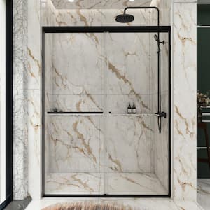 54 in. W x 72 in. H Sliding Semi-Frameless Shower Door in Matte Black Finish with Clear Glass