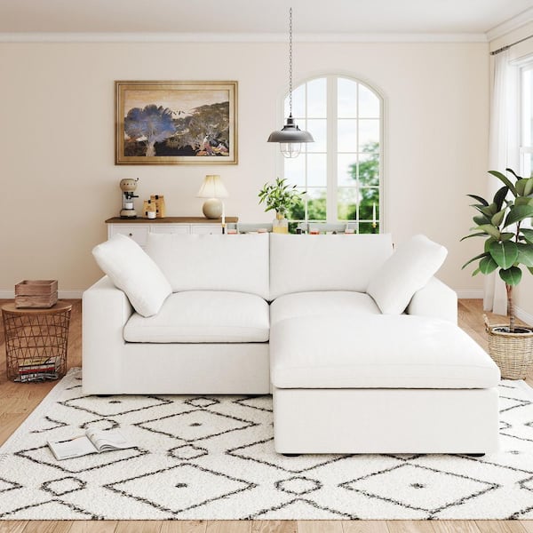 80.3 in. W Square Arm Linen Modular Free Combination Sofa with Storage Ottoman in. White