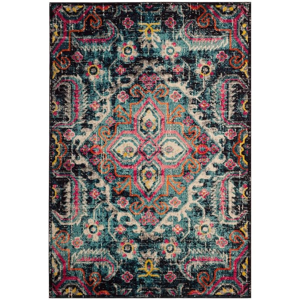 Monaco 9 ft. x 12 ft. Blue/Fuchsia Distressed Ornate Medallion Area Rug