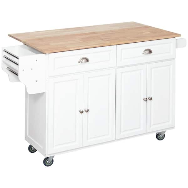 Ziyudura White Nature Wood Top 29.25 in. Kitchen Island with Drop Leaf Breakfast Bar Storage Drawers 4-Door Cabinets Spice Rack