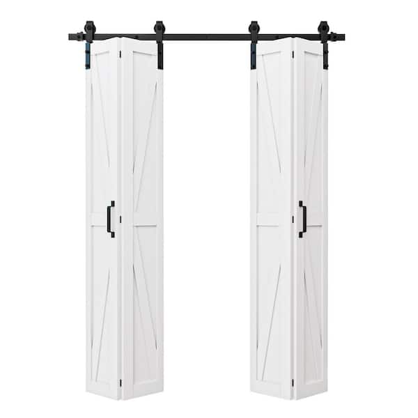 50 in. x 84 in. Paneled White Finished MDF British K Shape Composite Bi-Fold Sliding Barn Door with Hardware Kit