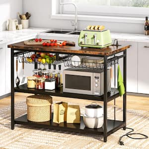 Bryauna Rustic Brown Kitchen Island, 3 Tier Island Table with Power Outlets and Wire Baskets, Microwave Oven Stand