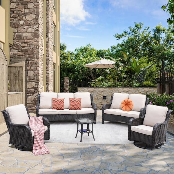 XIZZI Monet Brown 5-Piece Wicker Patio Conversation Seating Sofa Set with Beige Cushions and Swivel Rocking Chairs
