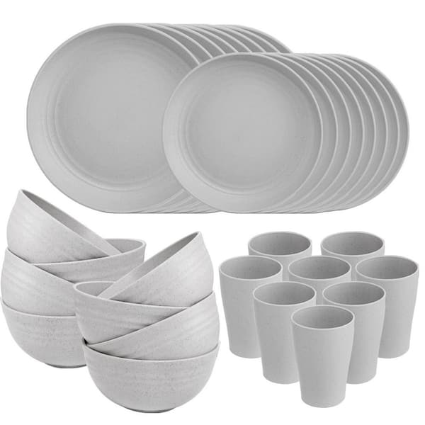 Gray Wheat Straw Dinnerware, 32-Piece Unbreakable Reusable Dishes, Lightweight Plates Bowls Cups Set (Service for 8)