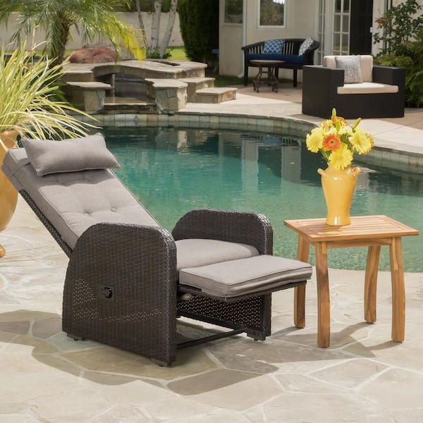 Noble House Ostia Brown Faux Rattan Outdoor Recliner with Gray Cushion