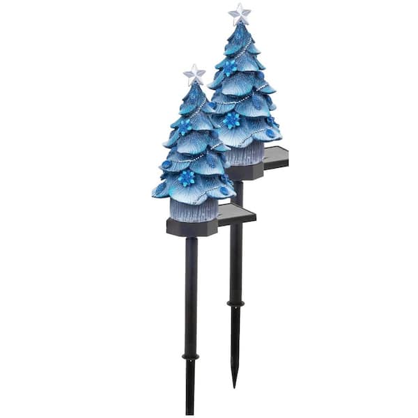 2 Pack Resin Solar Powered Fairy Garden Blue Christmas Tree Pathway Decorative Stakes for Lawn Pathway Xmas Decor