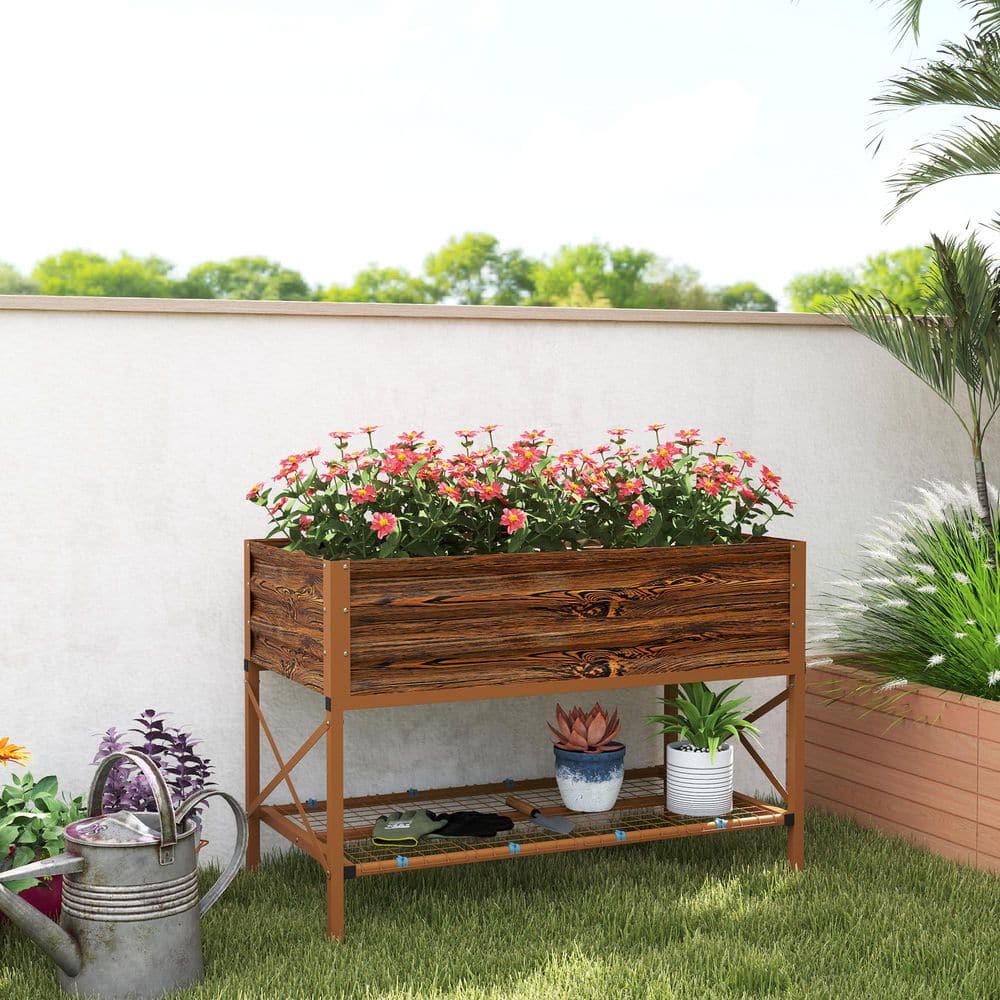 Dark Brown Galvanized Metal Raised Garden Bed with Storage Shelf