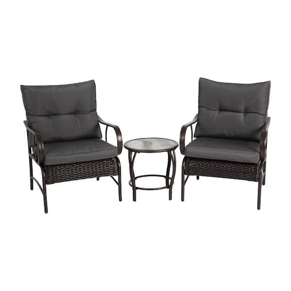 Black 3-Piece Wicker Patio Conversation Set with Grey Cushions