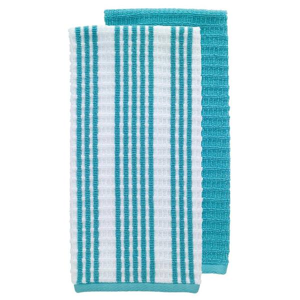 T-Fal Blue Solid and Stripe Waffle Cotton Kitchen Towel Set of 2