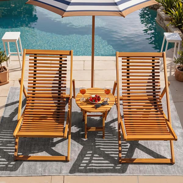 3-Pieces Acacia Wood Outdoor Bistro Set with Folding Chaise Lounge and Side Table