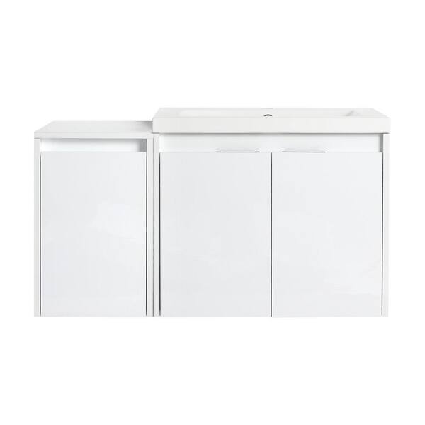36 in. Wall-Mounted Glossy White Bath Vanity with White Cultured Marble Top and 1-Side Cabinet Unassembled