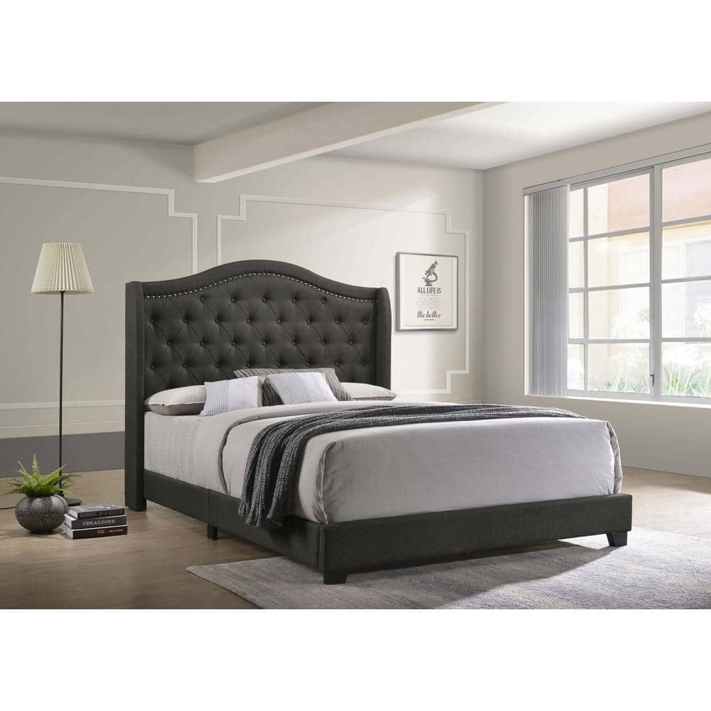 Gray Full Upholstered Bed with Tufted Headboard and Nailhead Trim