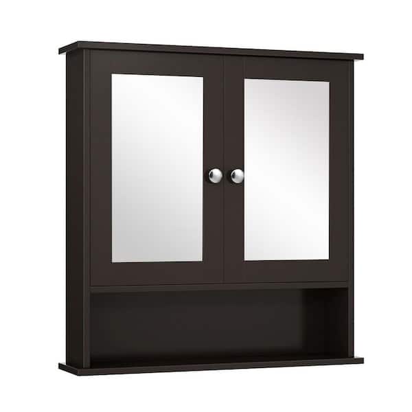 22 in. W x 5 in. D x 23 in. H Brown Bathroom Storage Wall Cabinet with 2 Mirrored Doors, Adjustable Shelf and Open Shelf