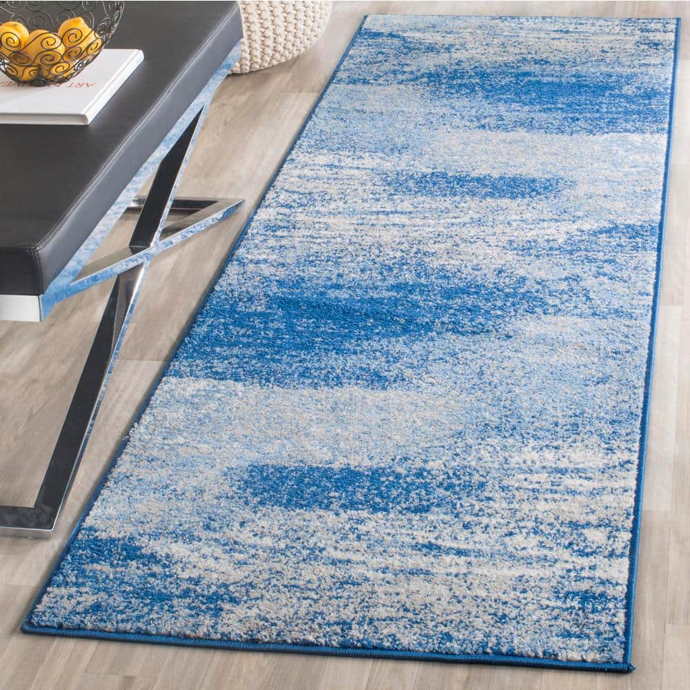 Silver and Blue Abstract Synthetic Runner Rug