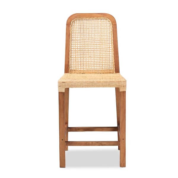 bali & pari Caspia 40.4 in. Mahogany and Natural Rattan Low Back Wood Frame Counter Height Bar Stool