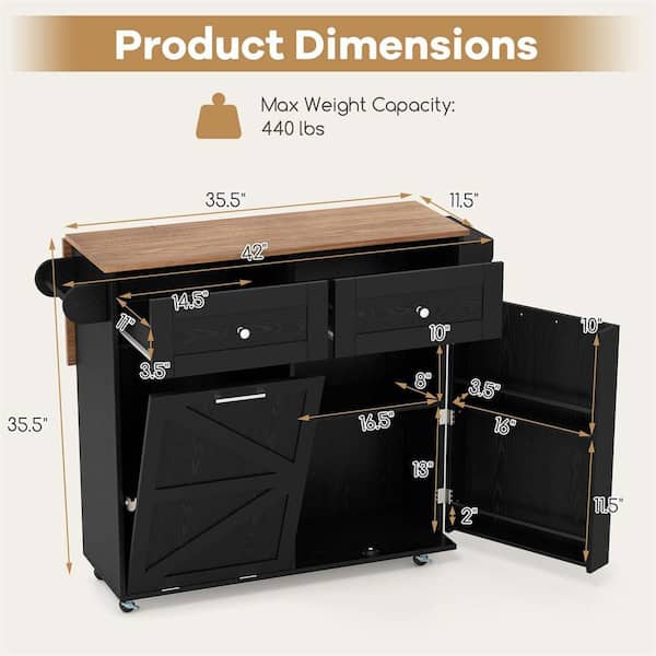 Black Wood 42 in. Rolling Kitchen Island Kitchen Island Cart with Drop Leaf Trash Can Cabinet