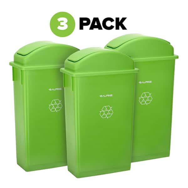 Alpine Industries 23 Gal. Lime Green Plastic Vented Commercial Slim Trash Can with Dome Lid (3-Pack)