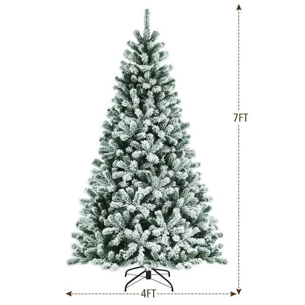 7 ft. Green Pre-Lit Snow Flocked Artificial Christmas Tree with Metal Stand
