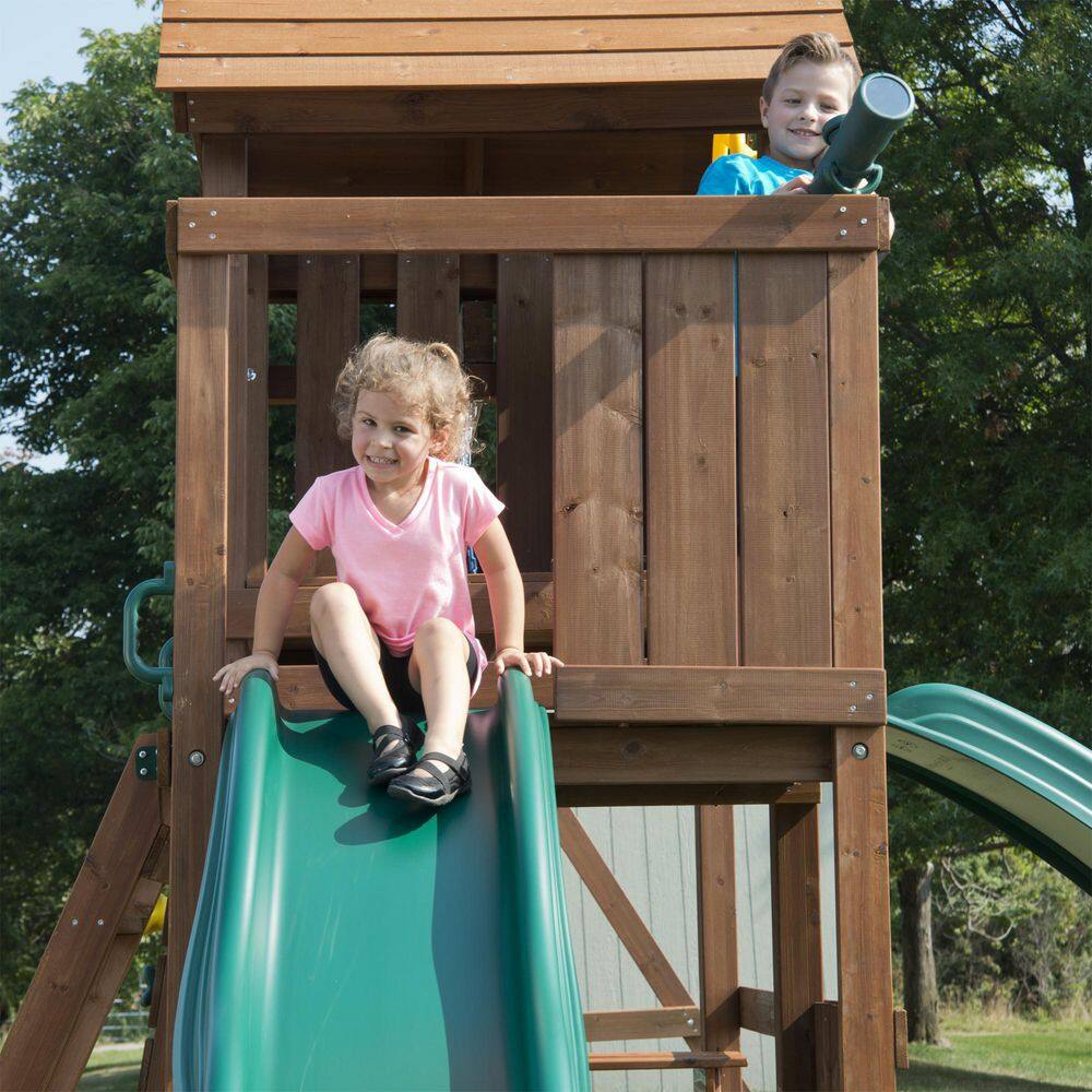 Monteagle Wooden Outdoor Swing Set with Wave Slides and Swings