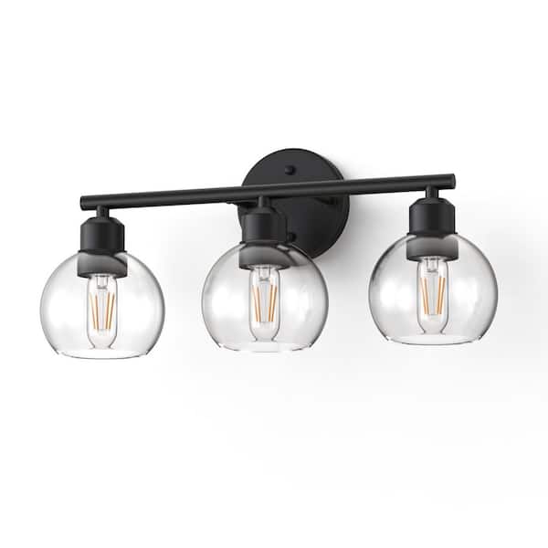 17.71 in. 3-Light Black Vanity Light Fixture with Clear Glass Globe Shade, E26 Base, Modern Bathroom Wall Light