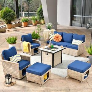 Sierra Beige 6-Piece Wicker Outdoor Multi-Functional Patio Conversation Sofa Set with a Fire Pit and Navy Blue Cushions