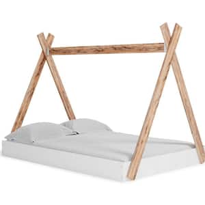 White and Brown Wooden Frame FullPlatform Bed with Tent Stand