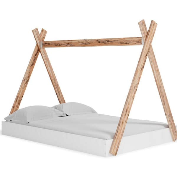 Benjara White and Brown Wooden Frame FullPlatform Bed with Tent Stand