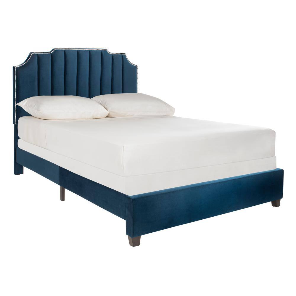 Elegant Navy Full-Size Velvet Upholstered Platform Bed with Nailhead Trim