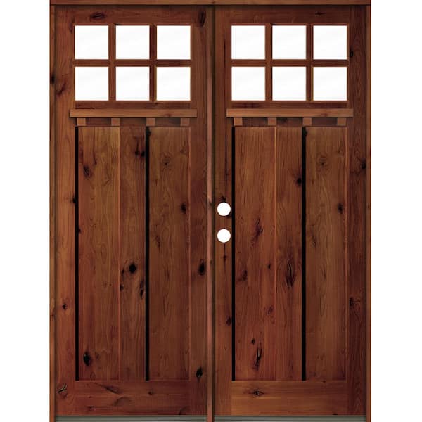 Krosswood Doors 72 in. x 96 in. Craftsman Knotty Alder Wood Clear 6-Lite RC Stained/Dentil Shelf Right Active Double Prehung Front Door