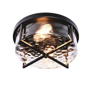Lumin 13 in. 2-Light Matte Black Smart Flush Mount with Drum Clear Hammered/Water Ripple Glass Shade