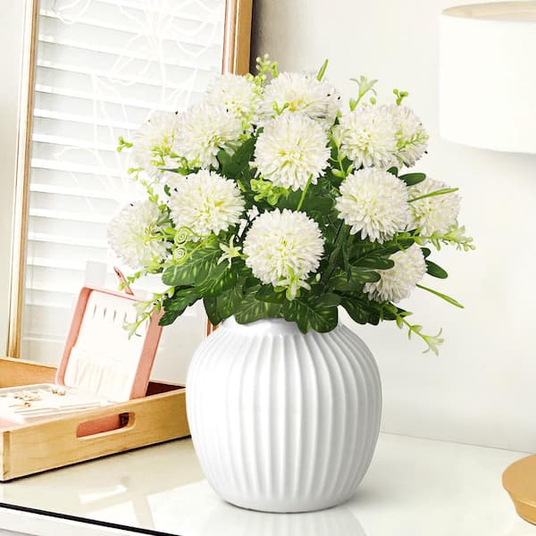 16 in. Cream White Artificial Pom Mum Flower Stem Bush Bouquet (Set of 3)