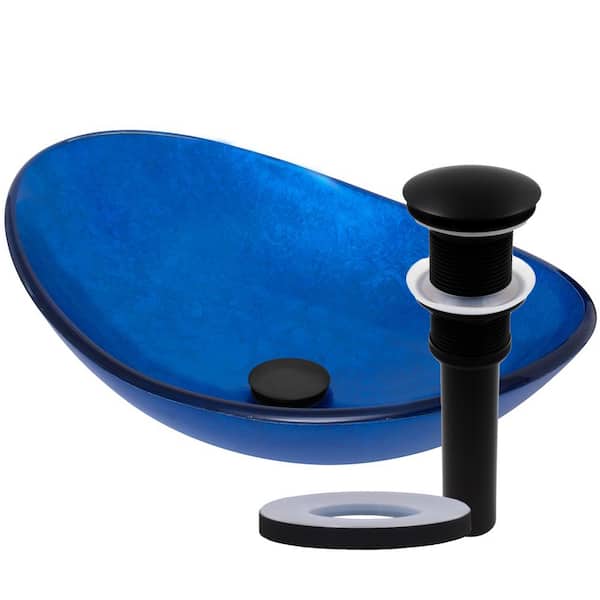 Azzurro Hand-Painted Blue Foil Glass Oval Vessel Sink with Drain in Matte Black