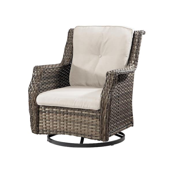 Outdoor Patio Wicker Lounge Chair Swivel Rocking Chair with Beige Cushions