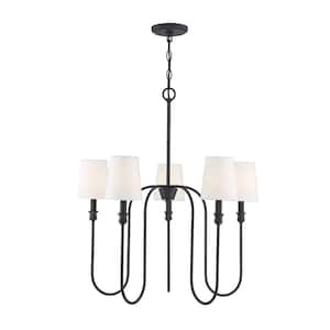27.25 in. W x 29.25 in. H 5-Light Aged Iron Chandelier with White Fabric Shades