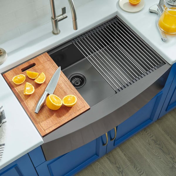 Monaco 36 in. Apron-Front Farmhouse Single Bowl 16-Gauge Stainless Steel Workstation Kitchen Sink in Gunmetal Blackd