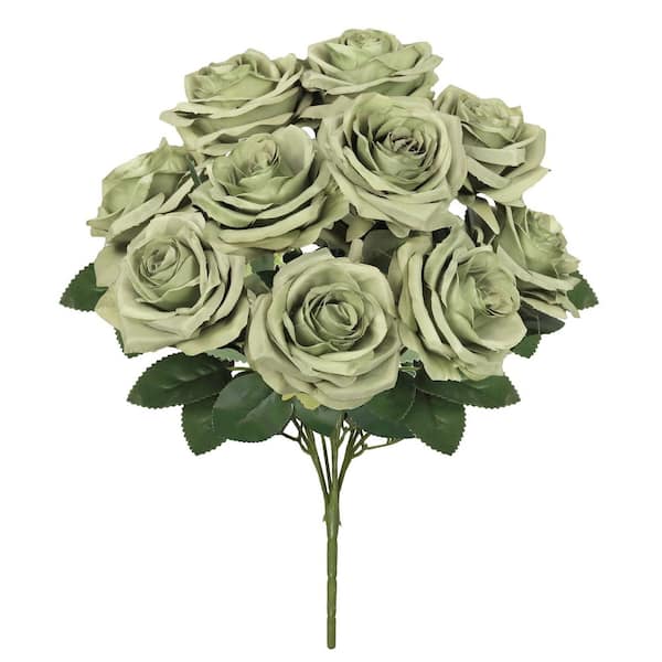 LIVING LUXURY 18 in. Sage Green Artificial Queen Rose Flower Stem Bush Bouquet (Set of 2)