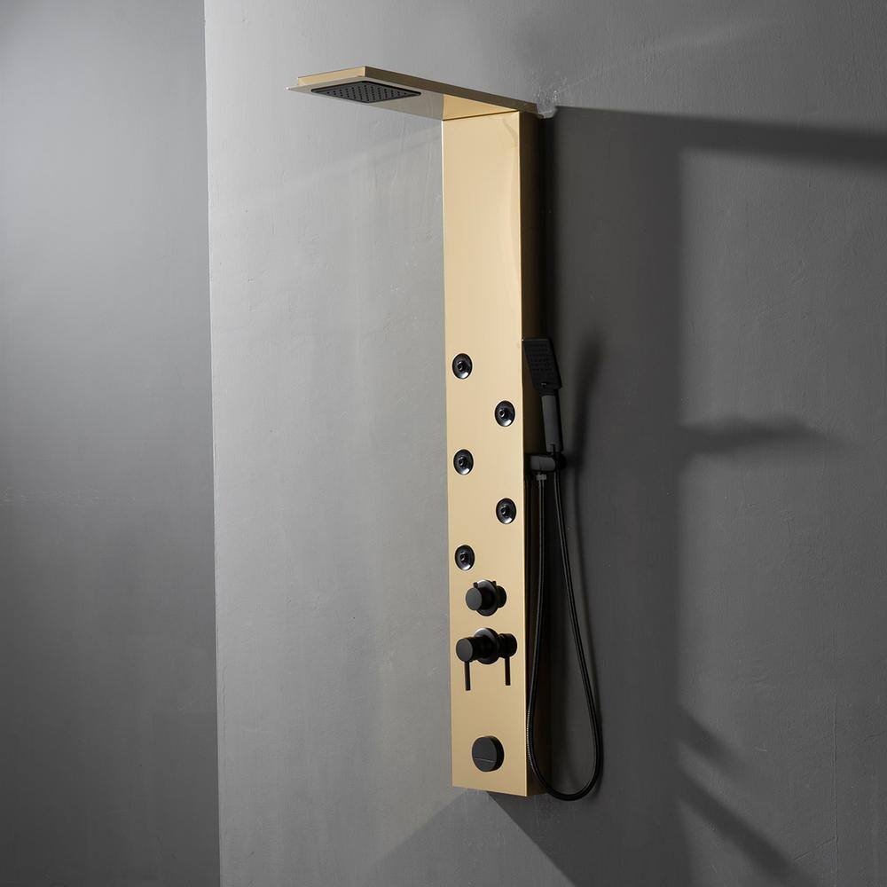 Gold Brushed 4-Jet Rainfall Shower Panel System with Handheld Wand