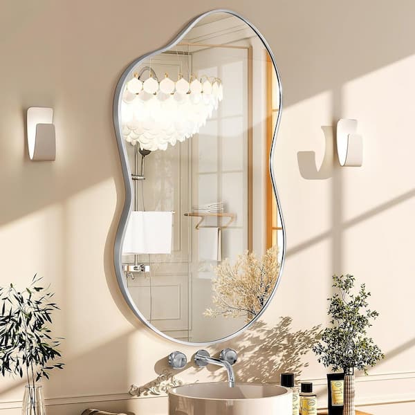 46 in. W x 26 in. H Irregular Silver Aluminum Alloy Framed Wall Mirror Asymmetrical Wall Mirror