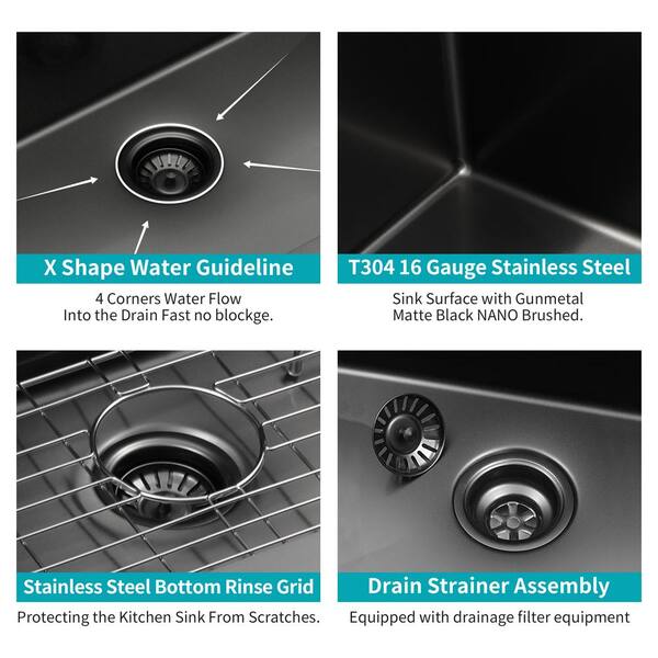 stufurhome - 30 in. Gunmetal Black Single Bowl Workstation 16-Gauge Stainless Steel Drop-In Kitchen Sink with Backspalash