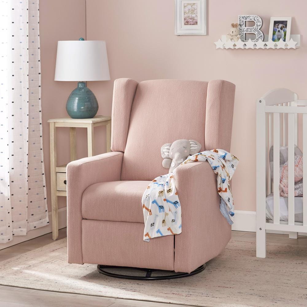 Blush and Black Fabric Swivel Recliner with Metal Frame