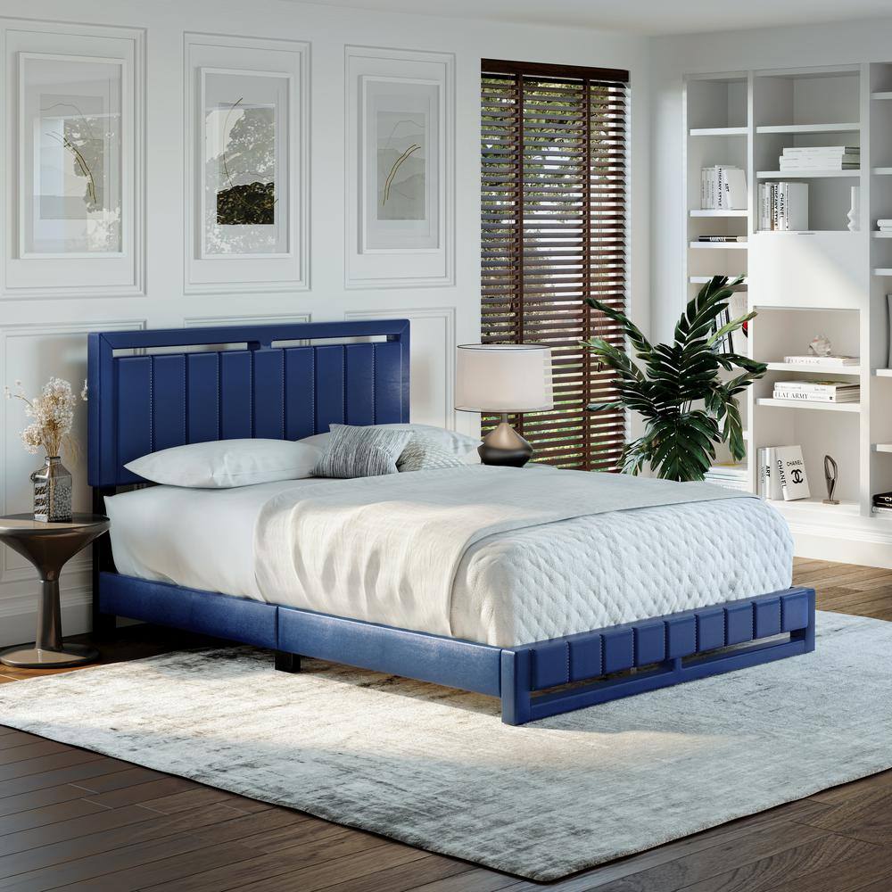 King Blue Faux Leather Upholstered Platform Bed with Tufted Headboard