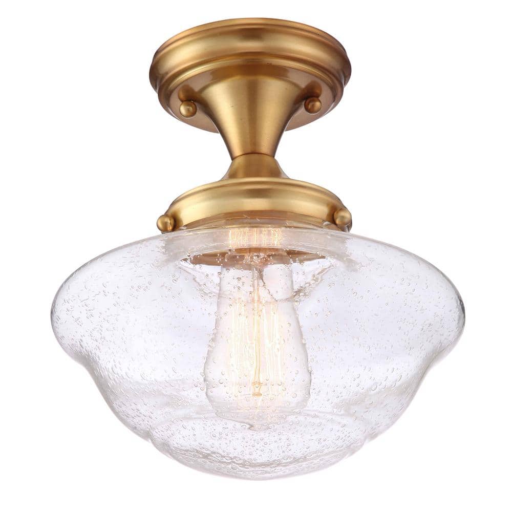 Vintage Schoolhouse Seedy Glass Semi-Flush Mount in Satin Gold