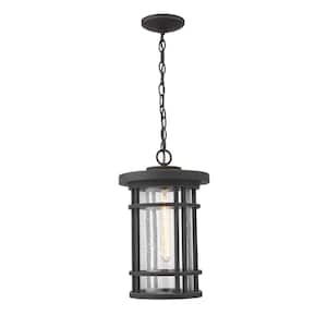 1-Light Oil Rubbed Bronze Outdoor Pendant Light with Clear Seedy Glass Shade
