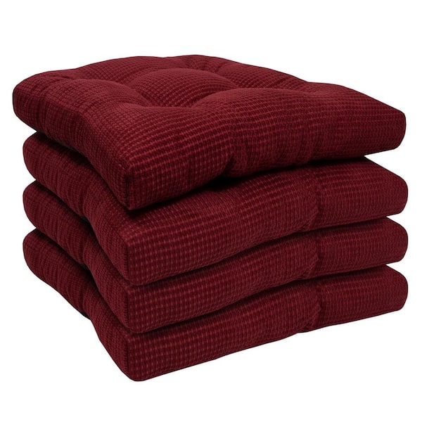 Sweet Home Collection Fluffy Tufted Memory Foam Square 16 in. x 16 in. Non-Slip Indoor/Outdoor Chair Cushion with Ties, Burgundy (4-Pack)