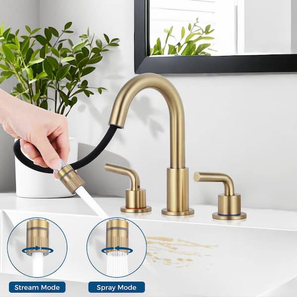 8 in. Widespread Double Handle Bathroom Faucet 3 Hole Pull Down Sink Faucet with Pop-Up Drain in Brushed Gold